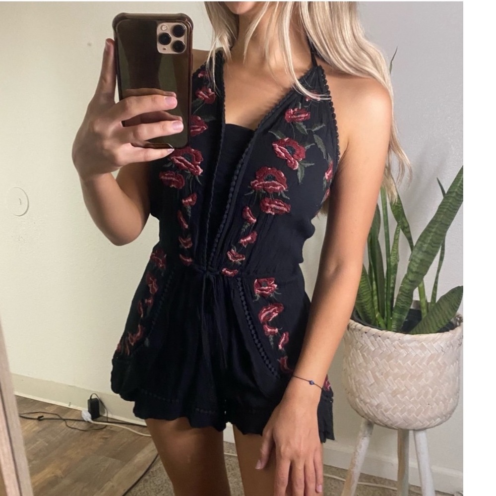 American Eagle Floral Embroidered Halter Romper Black Red Medium Boho Festival